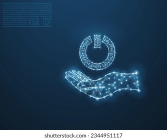 Vector illustration of power button on hand. Energy, electrical technology concept. Power button icon made from grid and dots.