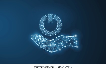 Vector illustration of power button on a hand. Energy, electrical technology concept. Power button icon made from grid and dots.