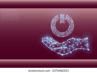Vector illustration of power button on a hand. Energy, electrical technology concept. Power button icon made from grid and dots.