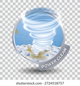 Ilustração vetorial Ícone do selo de limpeza de energia. Turbilhão de tornado branco levanta partículas de sujeira do tecido. Simboliza detergente de limpeza profunda, sução a vácuo e tecnologia de remoção de manchas.