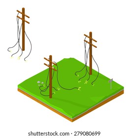 A vector illustration of a power cut due to damaged electricity poles on land tile.
Broken Electricity Power line cables icon illustration.
Blackout power outage concept.