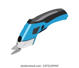 Vector Illustration of Power Electric Fabric Scissors Cutter For Crafts, Sewing, Cardboard, Cordless with 2 Cutting Blades, isolated on white background. Carpentry tools.