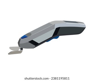 Vector Illustration of Power Electric Fabric Scissors Cutter For Crafts, Sewing, Cardboard, Cordless with 2 Cutting Blades, isolated on white background. Carpentry tools.
