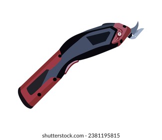 Vector Illustration of Power Electric Fabric Scissors Cutter For Crafts, Sewing, Cardboard, Cordless with 2 Cutting Blades, isolated on white background. Carpentry tools.