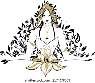 Ilustración vectorial del poder de la feminidad. Mujer hermosa entre flores florecientes con loto