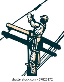 vector illustration of a power lineman at work on electric post