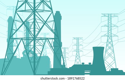 Vector illustration of a power plant site. Suitable for design elements from power companies, large power grids, and energy supply backgrounds. Silhouette of high voltage tower, nuclear power plant.