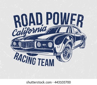 vector illustration of the power of the roads of California style racing team. vintage graphic design for t-shirts