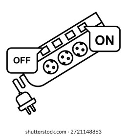 Ilustración vectorial de una regleta eléctrica con conexión de enchufe y etiquetas de interruptor de encendido, adecuada para el control eléctrico, la gestión de energía y los conceptos de operación de dispositivos eléctricos.
