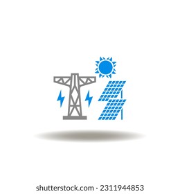 Vector illustration of power tower with lightning and sun with solar panel. Icon of alternative sources eletrical energy generation and transmission. Symbol of green ecology eletricity production.