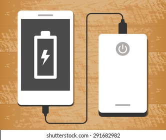 Vector illustration of a powerbank charging a smartphone on wooden desk