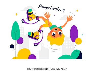 Vector Illustration of Powerbocking Sport featuring Athletes Wearing Jumping Shoes, Running, and Performing Various Acrobatic Stunts in Flat Background