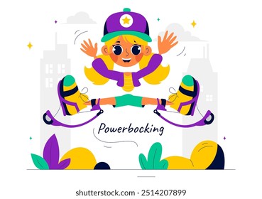 Vector Illustration of Powerbocking Sport featuring Athletes Wearing Jumping Shoes, Running, and Performing Various Acrobatic Stunts in Flat Background