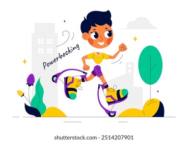 Vector Illustration of Powerbocking Sport featuring Athletes Wearing Jumping Shoes, Running, and Performing Various Acrobatic Stunts in Flat Background