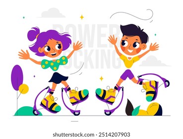 Vector Illustration of Powerbocking Sport featuring Athletes Wearing Jumping Shoes, Running, and Performing Various Acrobatic Stunts in Flat Background