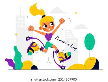 Vector Illustration of Powerbocking Sport featuring Athletes Wearing Jumping Shoes, Running, and Performing Various Acrobatic Stunts in Flat Background