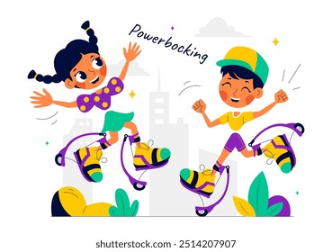 Vector Illustration of Powerbocking Sport featuring Athletes Wearing Jumping Shoes, Running, and Performing Various Acrobatic Stunts in Flat Background