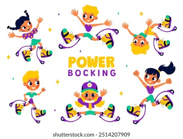 Vector Illustration of Powerbocking Sport featuring Athletes Wearing Jumping Shoes, Running, and Performing Various Acrobatic Stunts in Flat Background