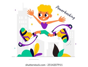 Vector Illustration of Powerbocking Sport featuring Athletes Wearing Jumping Shoes, Running, and Performing Various Acrobatic Stunts in Flat Background