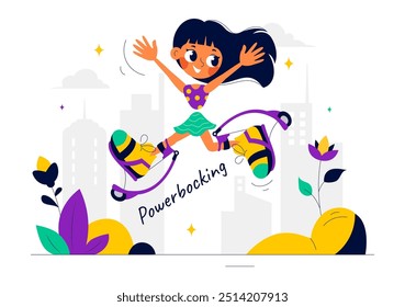 Vector Illustration of Powerbocking Sport featuring Athletes Wearing Jumping Shoes, Running, and Performing Various Acrobatic Stunts in Flat Background