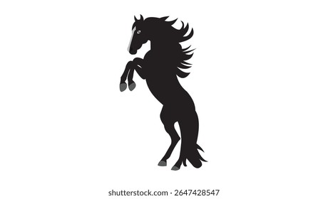 "Ilustração vetorial de um poderoso cavalo negro em movimento. Silhueta detalhada com juba fluindo e pose dinâmica, simbolizando força, elegância e liberdade. Ideal para temas equestres, design de logotipo,