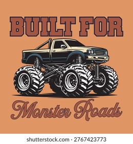 Vector illustration of a powerful monster truck with oversized tires and heavy-duty suspension, featuring the bold text 