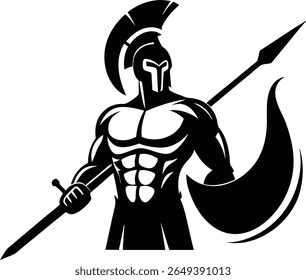 Vector illustration of a powerful spartan warrior with spear shield and helmet ready to fight.