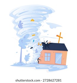 Ilustración vectorial de un poderoso tornado golpeando una casa y levantando escombros en el aire, tormentas de viento extremo, diseño plano.