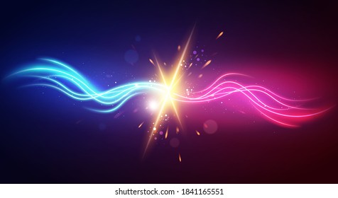 Vector Illustration Powerful Wave Fight Against. Magic Power With Explosion