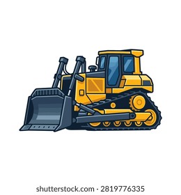 A vector illustration of a powerful yellow bulldozer with a front blade and crawler tracks for construction work