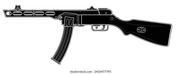 Vector illustration of the PPSh41 machine gun with box magazine on the white background. Black. Left side.