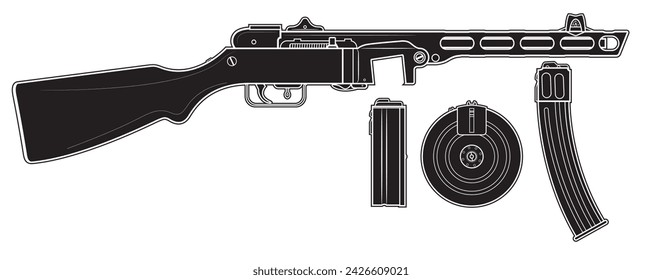 Vector illustration of the PPSh41 machine gun with two types of magazines on the white background. Black. Right side.