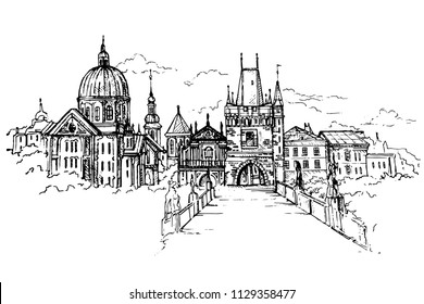 Vector Illustration of Prague main sights at dawn: Lesser Town Bridge Towers on Charles Bridge and Prague castel. Czech Republic, Bohemia.Sketch