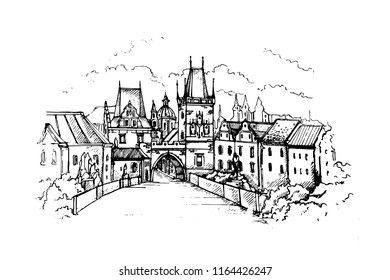 Vector Illustration of Prague main sights at dawn: Lesser Town Bridge Towers on Charles Bridge and Prague castel. Czech Republic, Bohemia.Sketch