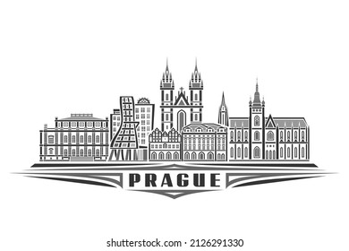 Ilustración vectorial de Praga, afiche horizontal monocromo con diseño lineal y famoso paisaje de la ciudad de Praga, concepto de arte de línea urbana con letras decorativas para la peste de palabras negras sobre fondo blanco