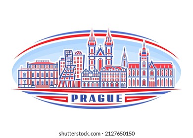 Ilustración vectorial de Praga, insignia horizontal roja con diseño lineal, paisaje de la ciudad de Praga famoso sobre el fondo del cielo del día, concepto de arte de línea urbana europea con letras decorativas para la peste de la palabra azul