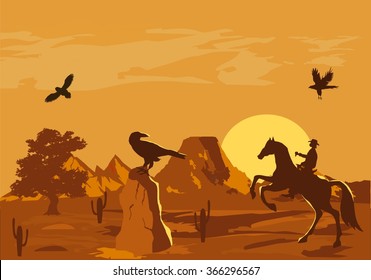 Vector illustration of prairie wild west with cacti and hero of the wild West 