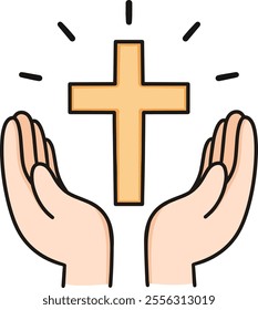 vector illustration of praise of God, showing with gold cross and open hand, christian symbol