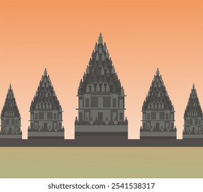 Ilustração vetorial do templo de Prambanan, o maior templo hindu na Indonésia, local do templo hindu