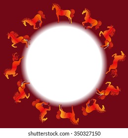 Vector illustration - prancing horse. Round frame.