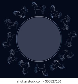 Vector illustration - prancing horse. Round frame.