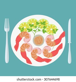 Vector illustration of prawns on plate with garnish