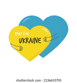 Ilustración vectorial Reza por Ucrania con las manos abrazando corazones con colores de bandera ucraniana.
