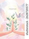 Vector illustration Prayer position young girl. Praying hands in Namaste or Namaskar mudra. The power of faith,believe in God,devotion creates love,hope,calmness.Thinking positive and feeling happy