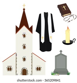 Vector illustration prayer priest pastor or preacher clothing. Holy Bible and rosary beads with cross. Gravestone and church building. Religion symbols