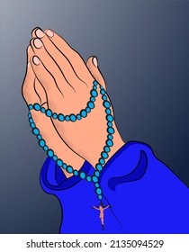 Vector illustration of praying hands holding colorful holy rosary beads with Jesus Christ on the cross hanging, symbol and prayer concept for catholic religion. Hands praying icon on religious theme.