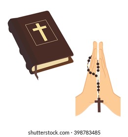 Vector illustration praying hands holding brown wooden catholic rosary beads and Holy Bible. Religious symbols. Praying symbol. Hands prayer icon