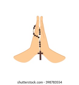 Vector illustration praying hands holding brown wooden catholic rosary beads. Religious symbols. Praying symbol. Hands prayer icon