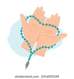 Vector illustration of praying hands with rosary on white background.