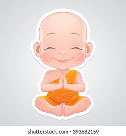 Vector illustration. Praying little Buddhist baby boy 